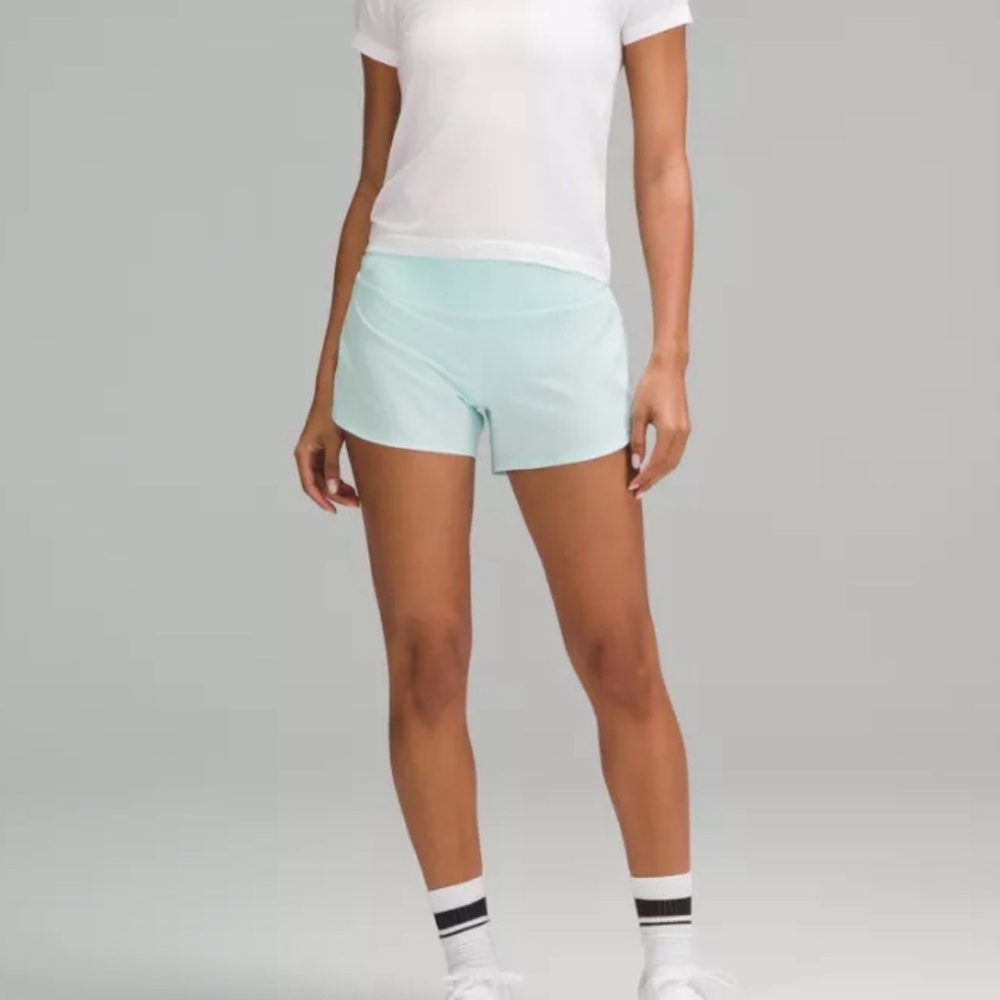 Lululemon pale blue speed up high rise lined shorts in size 12